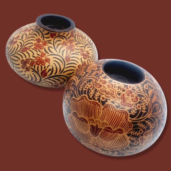 2 Tribal Gypsy Boho Hand Painted Batik Wood Candle Tealight Holder Balls Staging - Picture 5 of 16